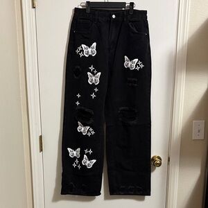 SHEIN Black Wide Leg Jeans with White Butterfly Design
